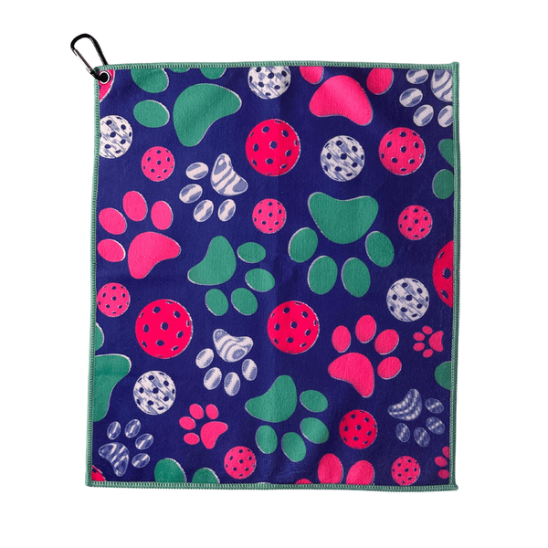 Pickleball Towel- Blue Microfiber & Cotton Towel (Paw Print)