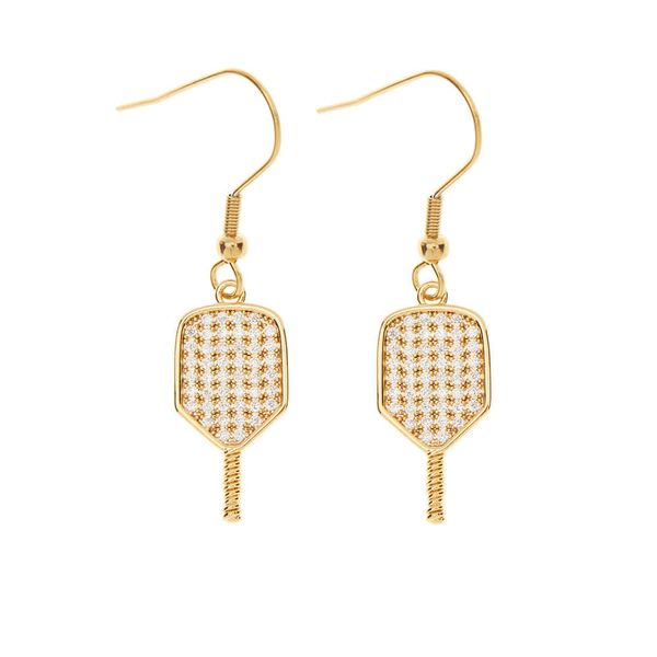 Gold Pickleball Paddle Cz Dangle Earrings