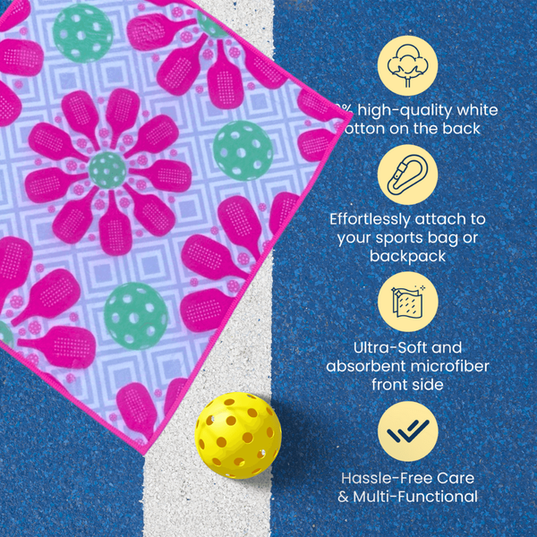 Pickleball Towel- Pink Microfiber & Cotton Towel (Pink Flower)