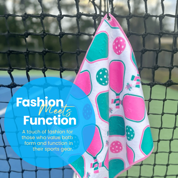 Pickleball Towel- Pink Microfiber & Cotton Towel (Pink/Mint Paddles)