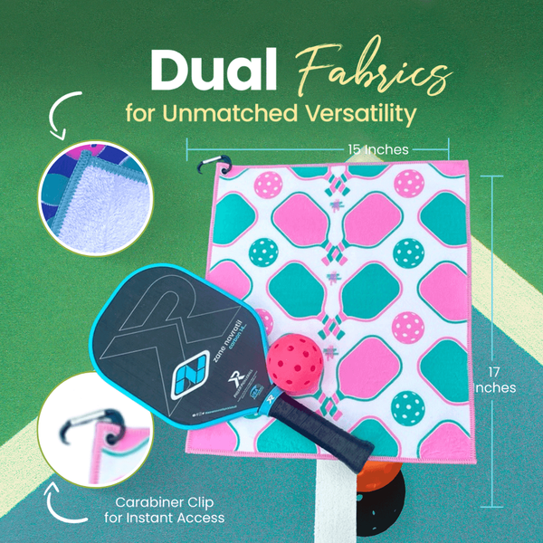 Pickleball Towel- Pink Microfiber & Cotton Towel (Pink/Mint Paddles)