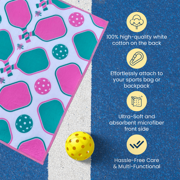 Pickleball Towel- Pink Microfiber & Cotton Towel (Pink/Mint Paddles)