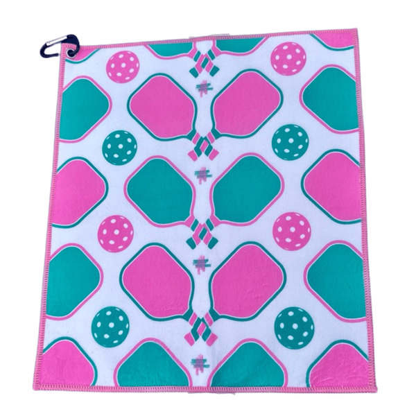 Pickleball Towel- Pink Microfiber & Cotton Towel (Pink/Mint Paddles)