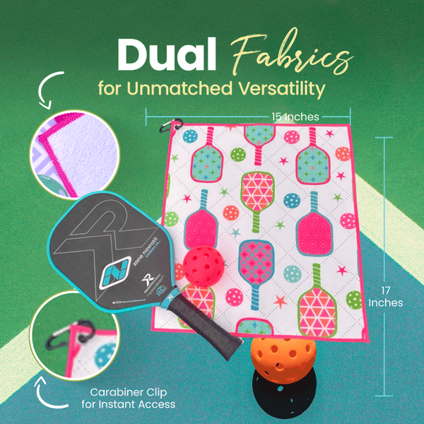 Pickleball Towel- Paddle and Stars Microfiber & Cotton Towel (Pink/White Paddles)